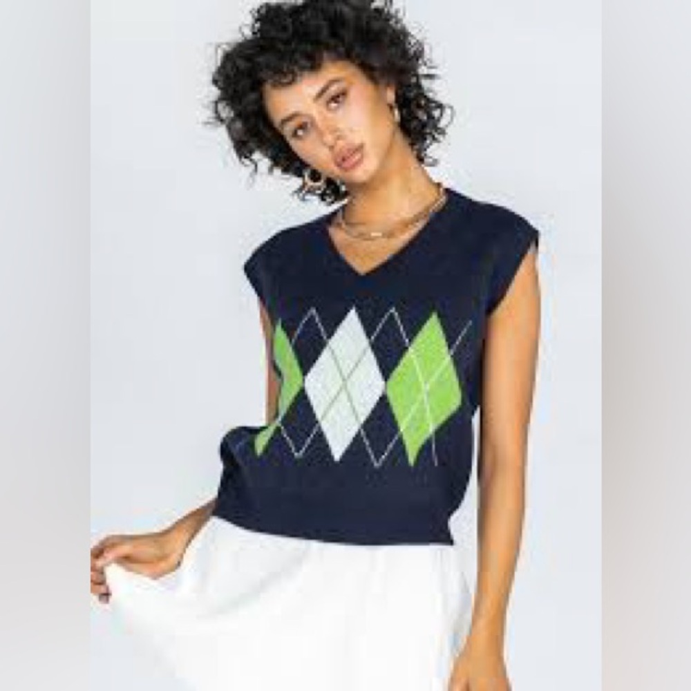 Princess Polly Argyle V-Neck Sweater Vest - Navy and Green Size M/L‎ EUC